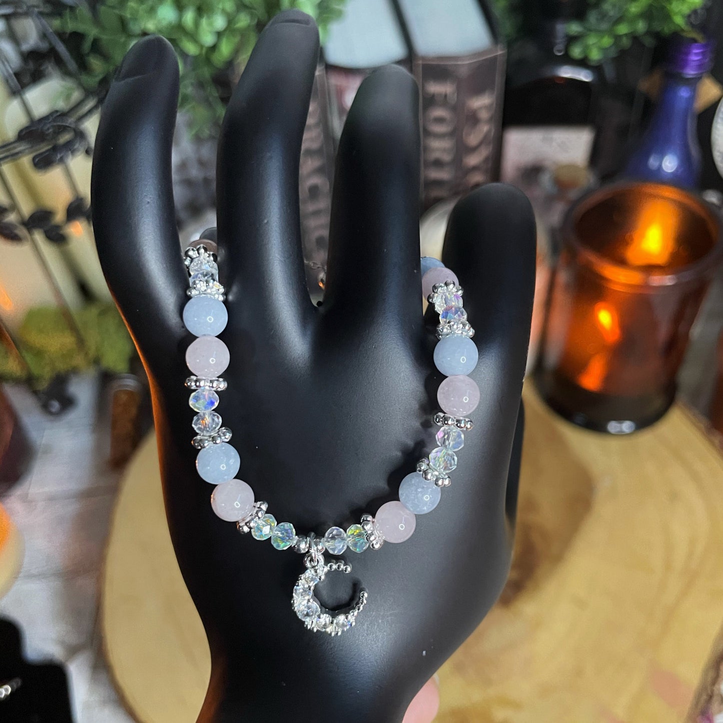 Morganite Adjustable Moon Charm Bracelet