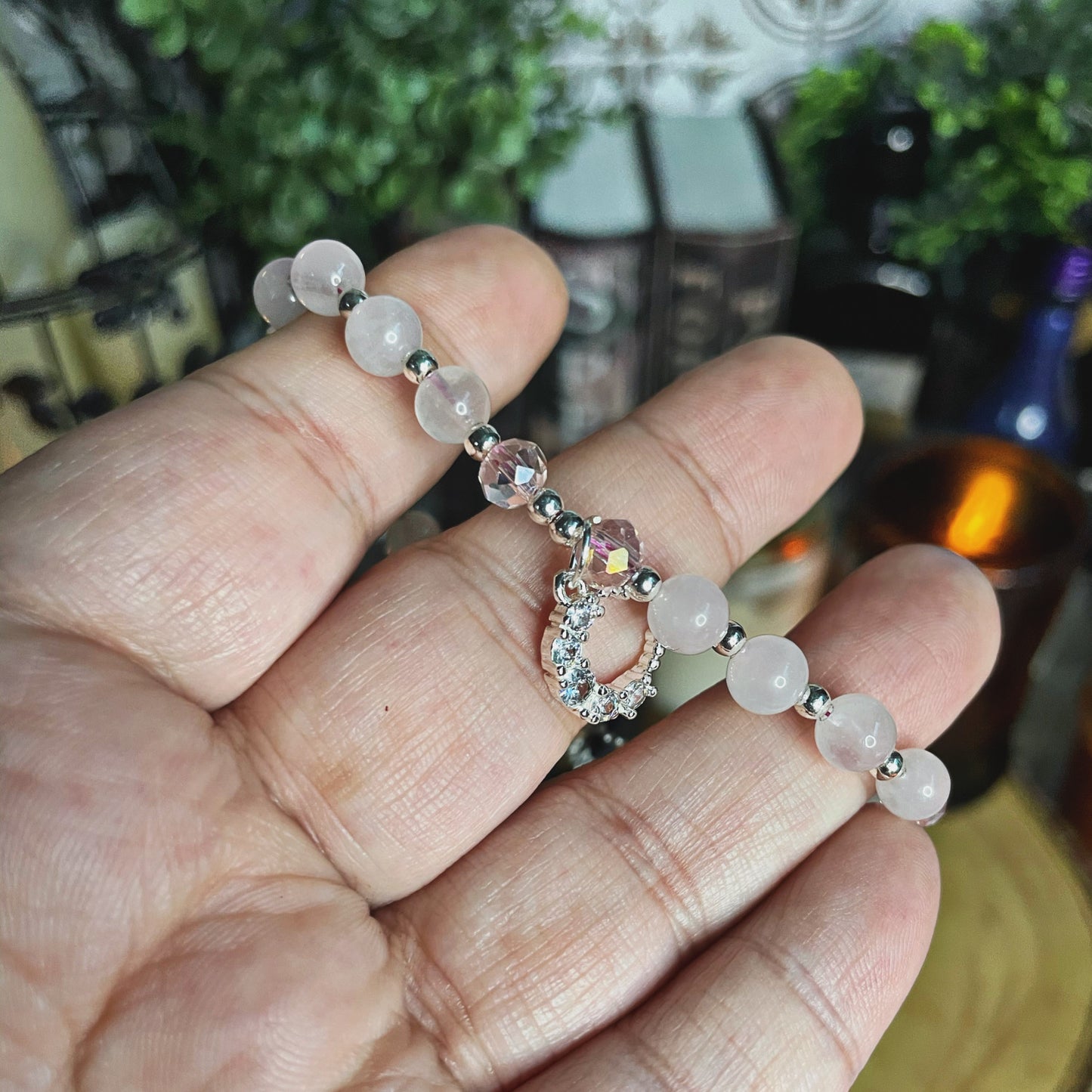 Adjustable Rose Quartz Moon Charm Bracelet