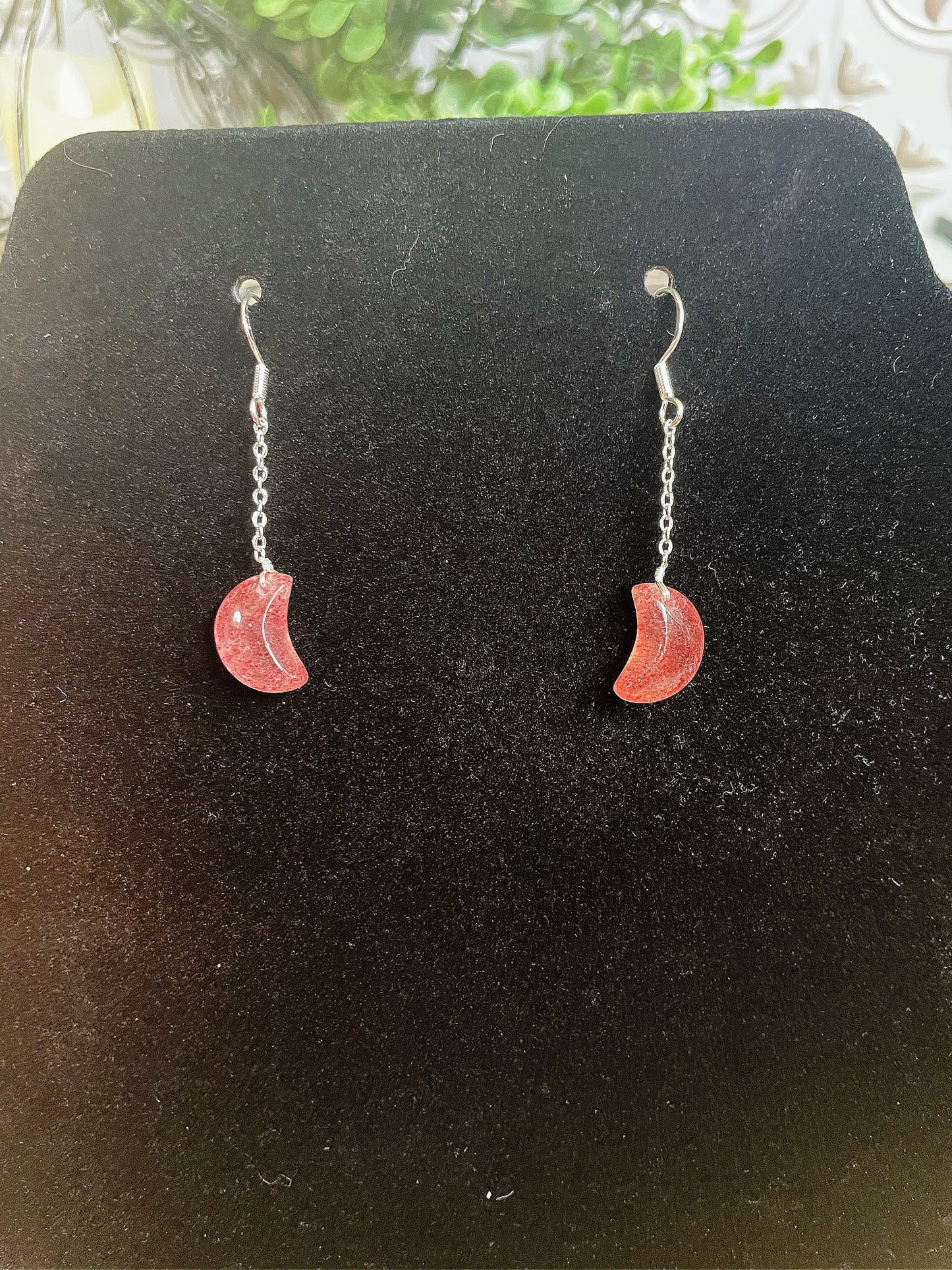 Strawberry Quartz Moon Dangle Earrings