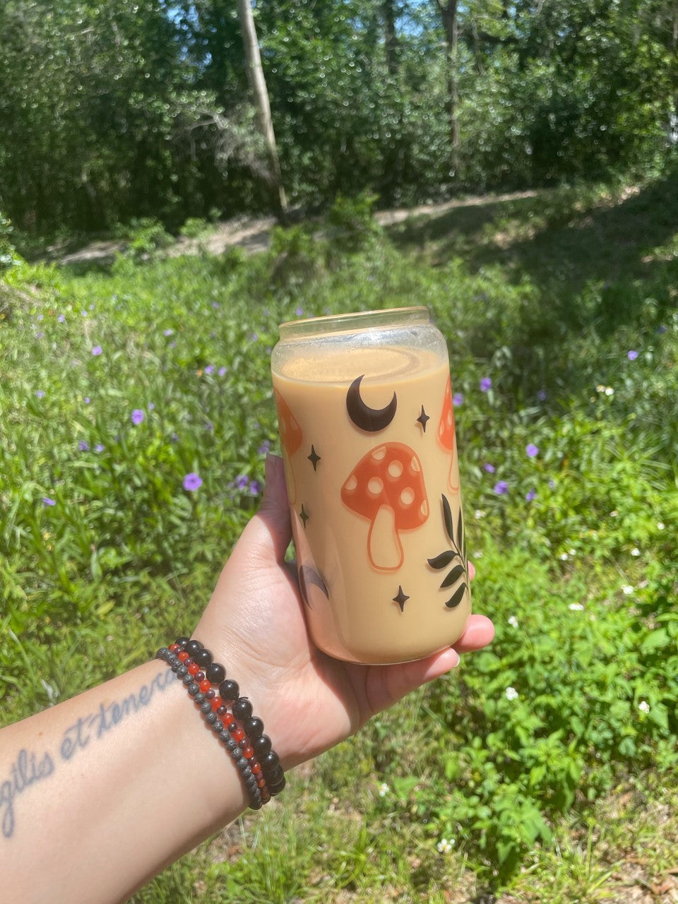 Mushroom Pattern 16 oz Glass Cup | Bamboo Lid & Plastic Straw | Sublimation | Clear or Frosted