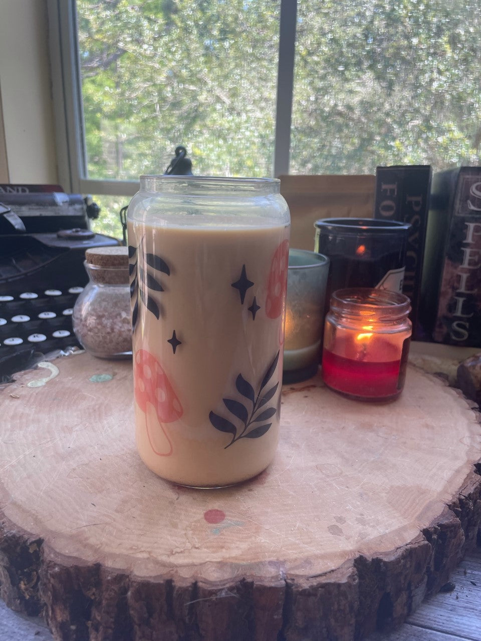 Mushroom Pattern 16 oz Glass Cup | Bamboo Lid & Plastic Straw | Sublimation | Clear or Frosted