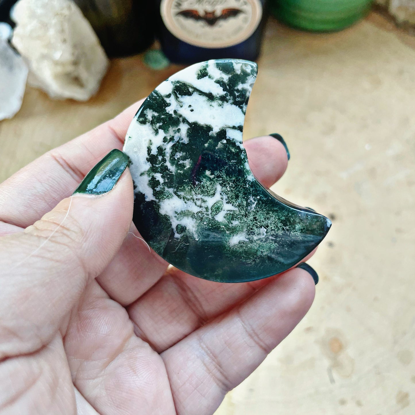 Moss Agate Moon Carving