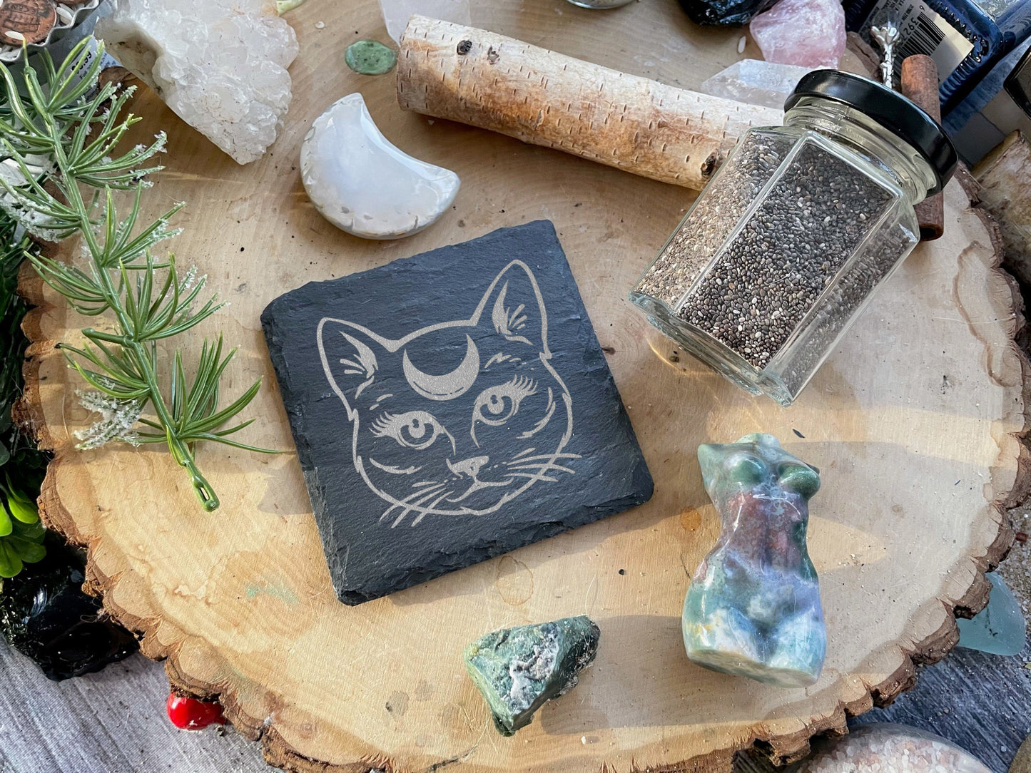 Engraved Lunar Cat Slate Coaster (Square)