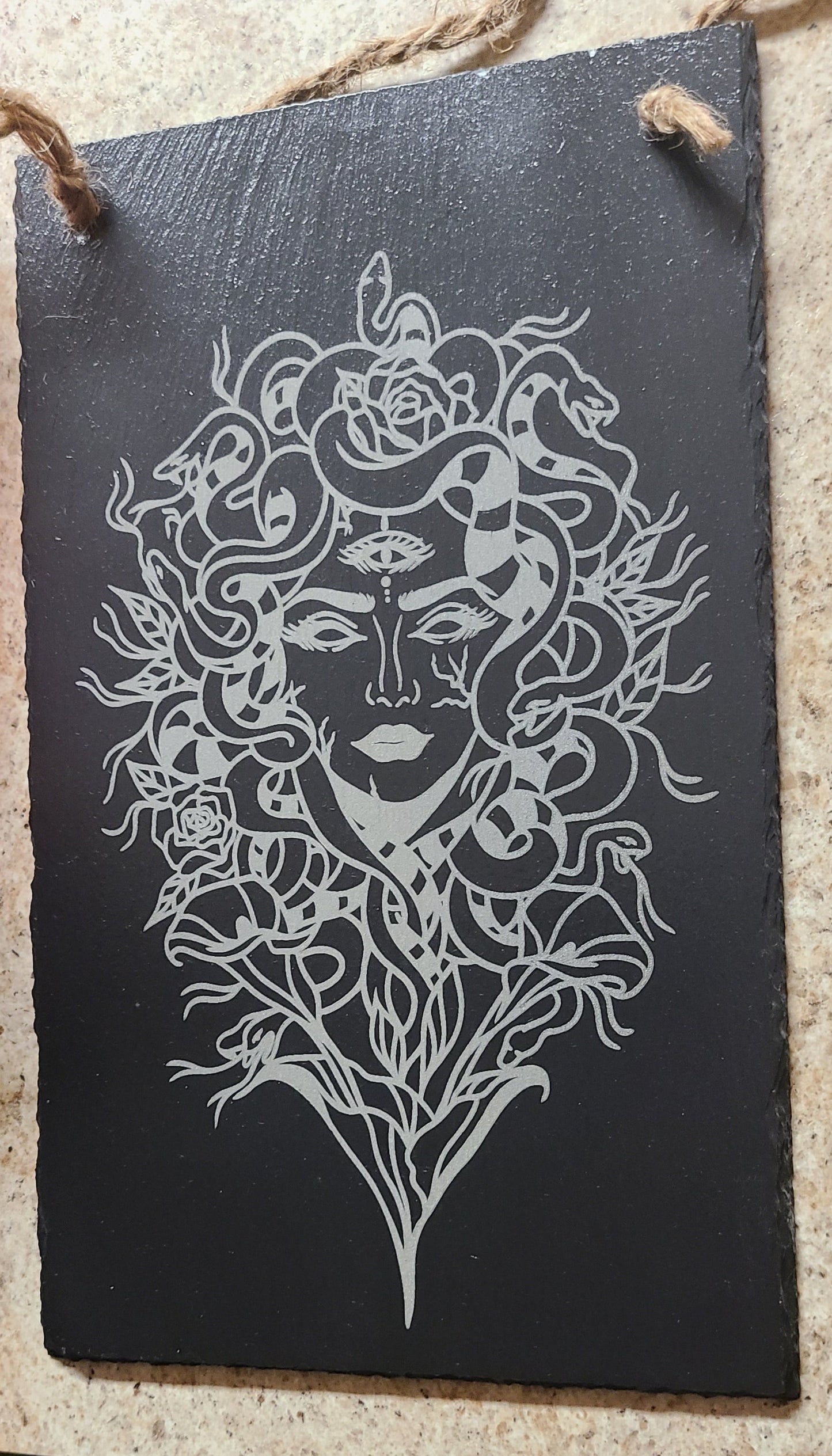 Engraved Medusa Portrait Hanging Stone Slate (Vertical)