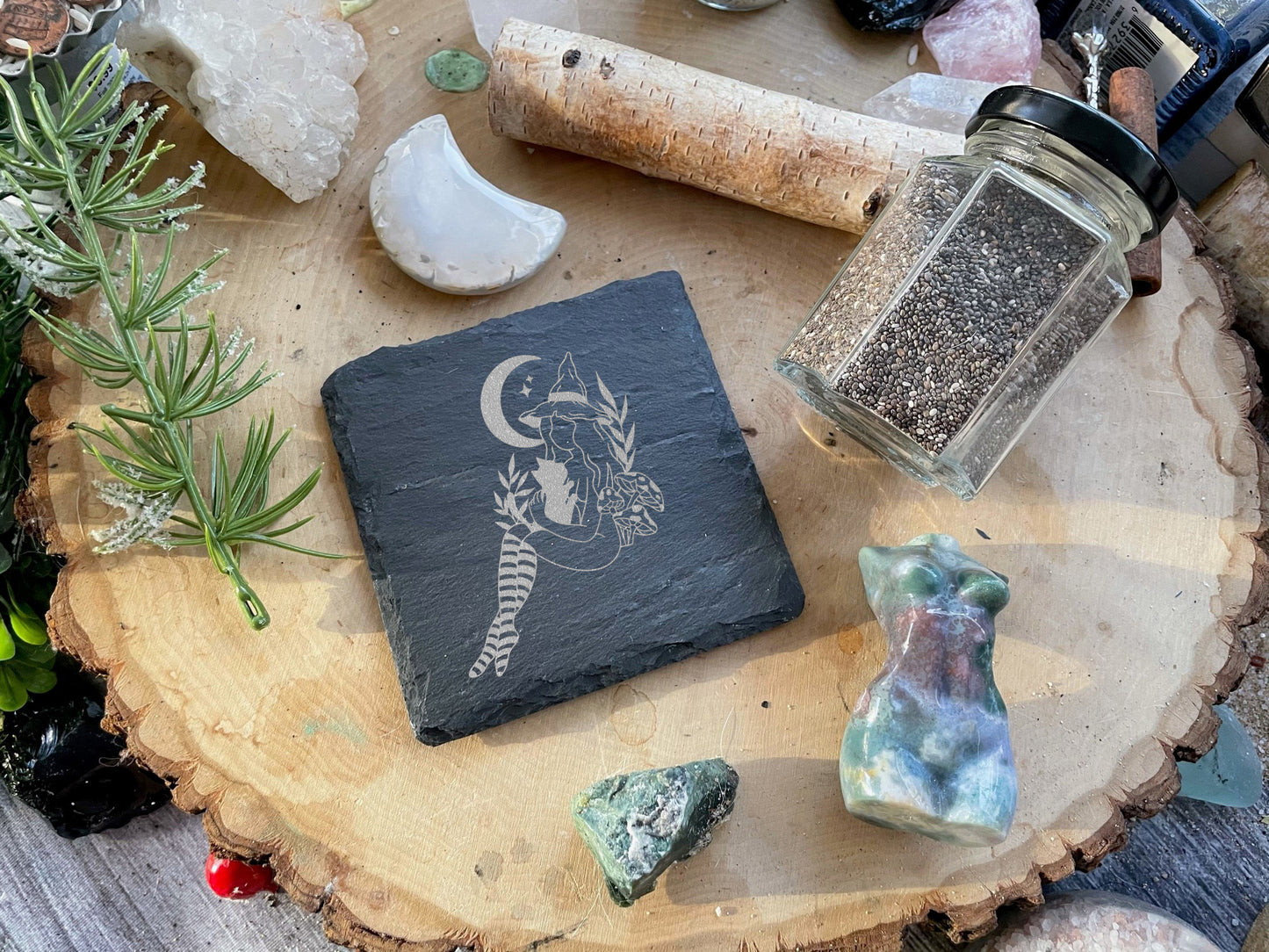 Engraved Witchy Woman & Cat Slate Coaster (Square)