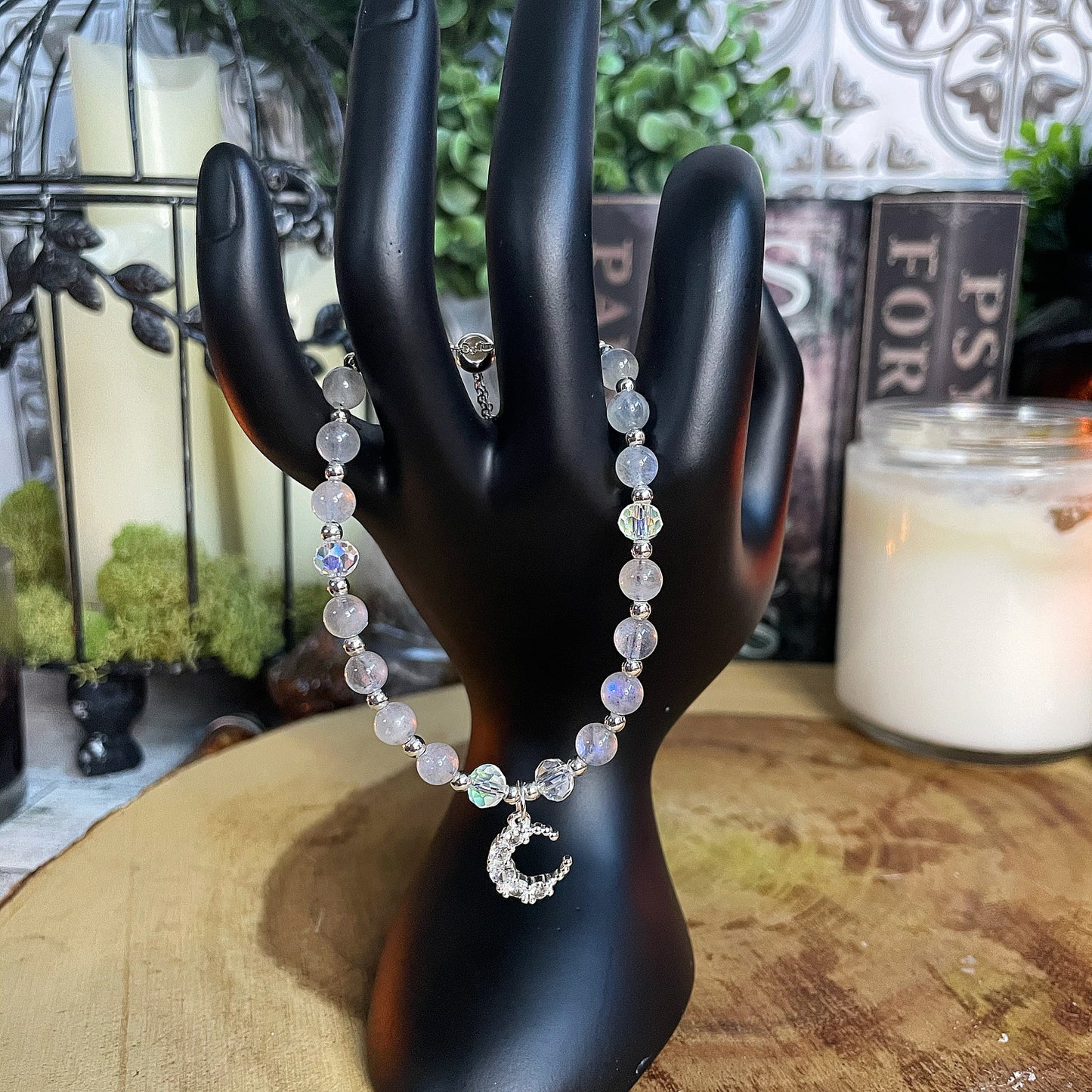 Adjustable Labradorite Moon Charm Bracelet