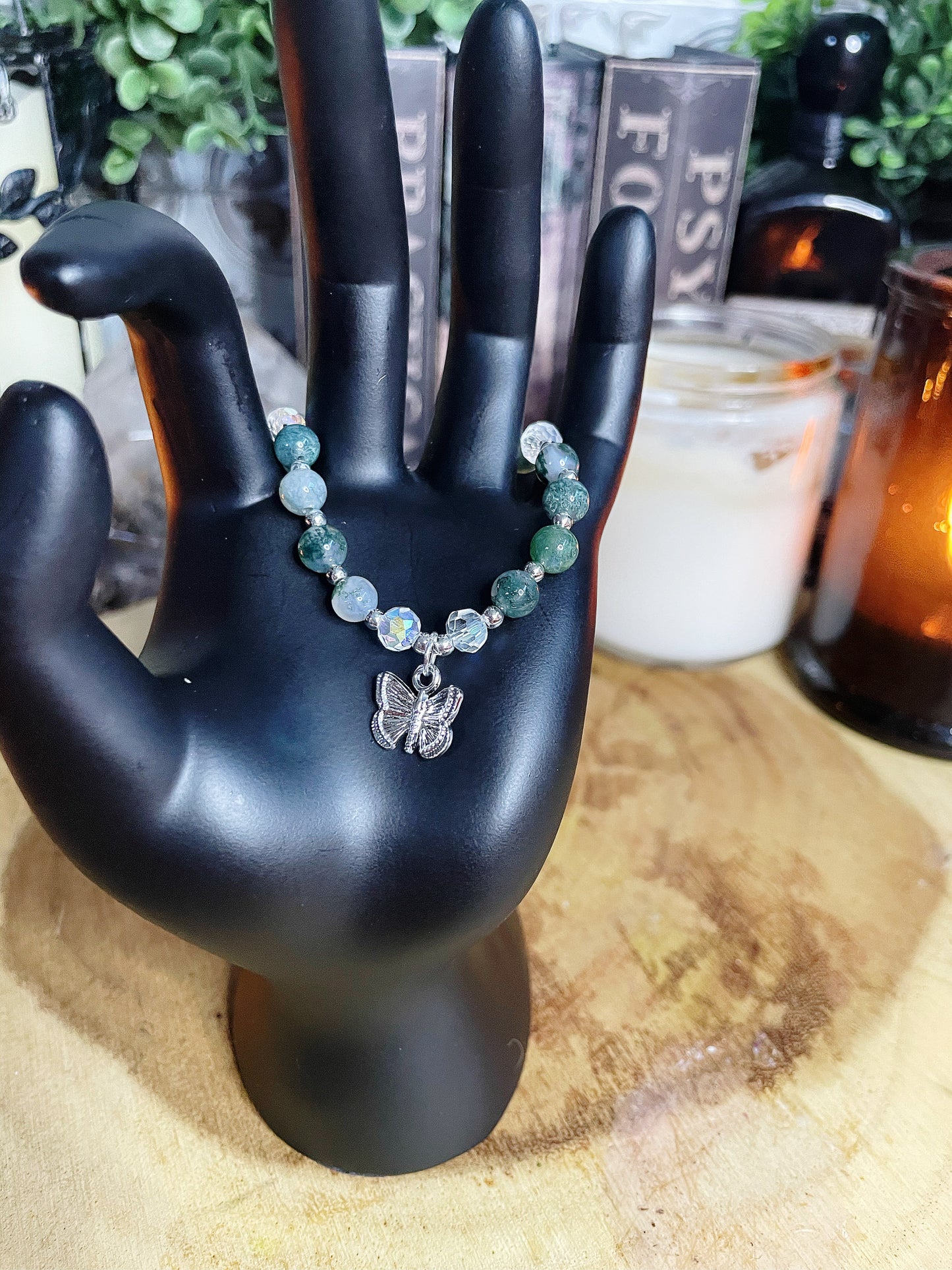 Adjustable Moss Agate Butterfly charm Bracelet