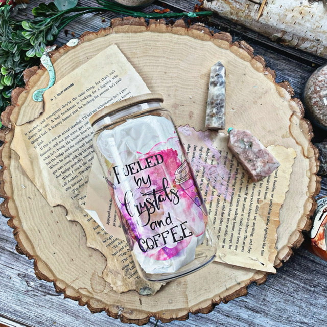Fueled by Crystals & Cofee 16 oz Glass Cup | Bamboo Lid & Plastic Straw | Sublimation | Clear or Frosted