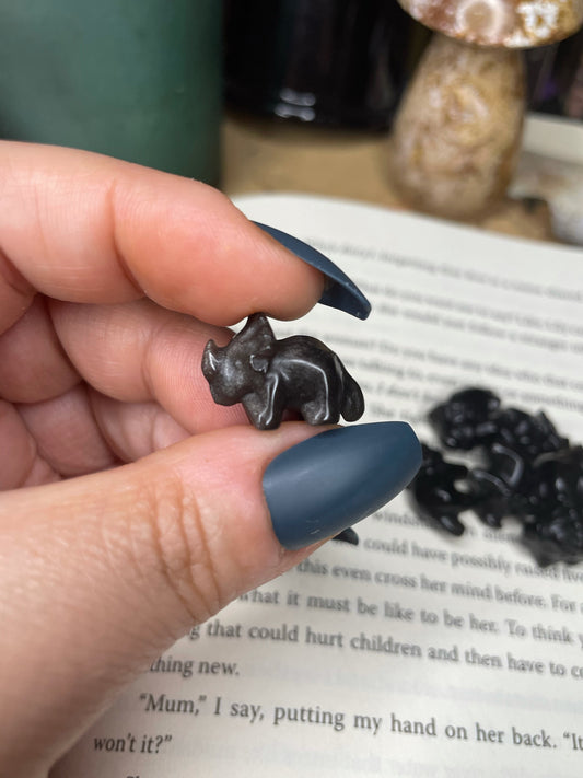 Mini Silver Sheen Obsidian Rhno carving