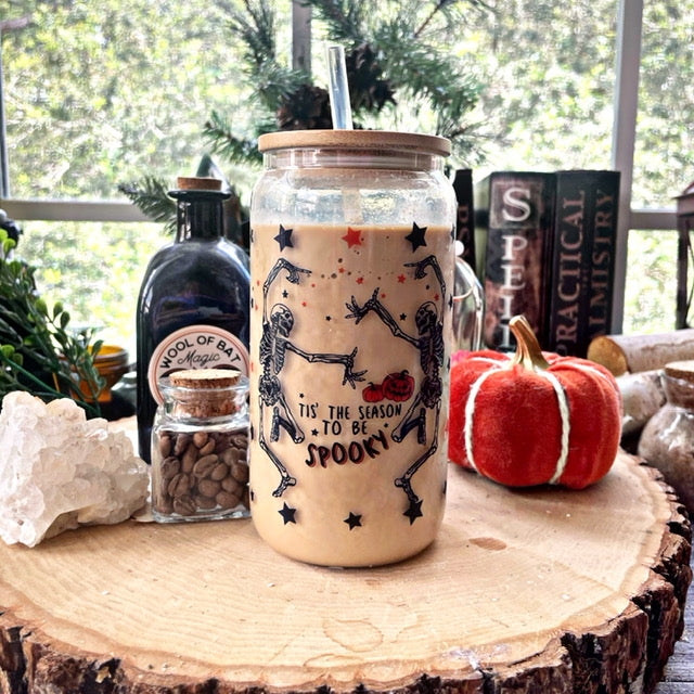 Tis The Season To Be Spooky 16 oz Glass Cup | Bamboo Lid & Plastic Straw | Sublimation | Clear or Frosted