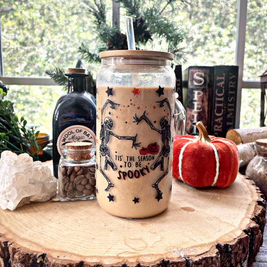 Tis The Season To Be Spooky 16 oz Glass Cup | Bamboo Lid & Plastic Straw | Sublimation | Clear or Frosted