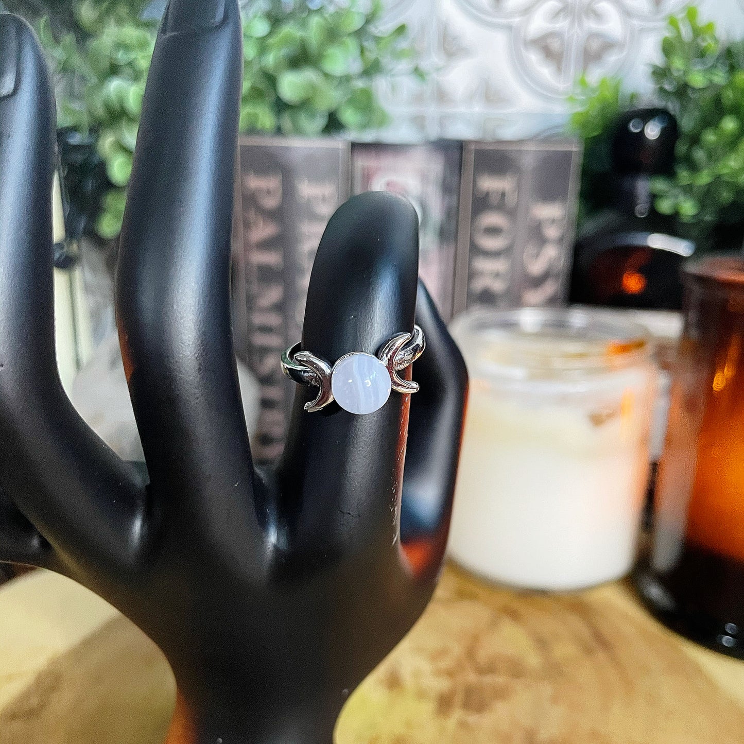 Triple Moon Blue Lace Agate Adjustable Ring