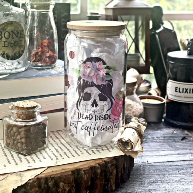 Dead Inside but Caffeinated 16 oz Glass Cup | Bamboo Lid & Plastic Straw | Sublimation | Clear or Frosted