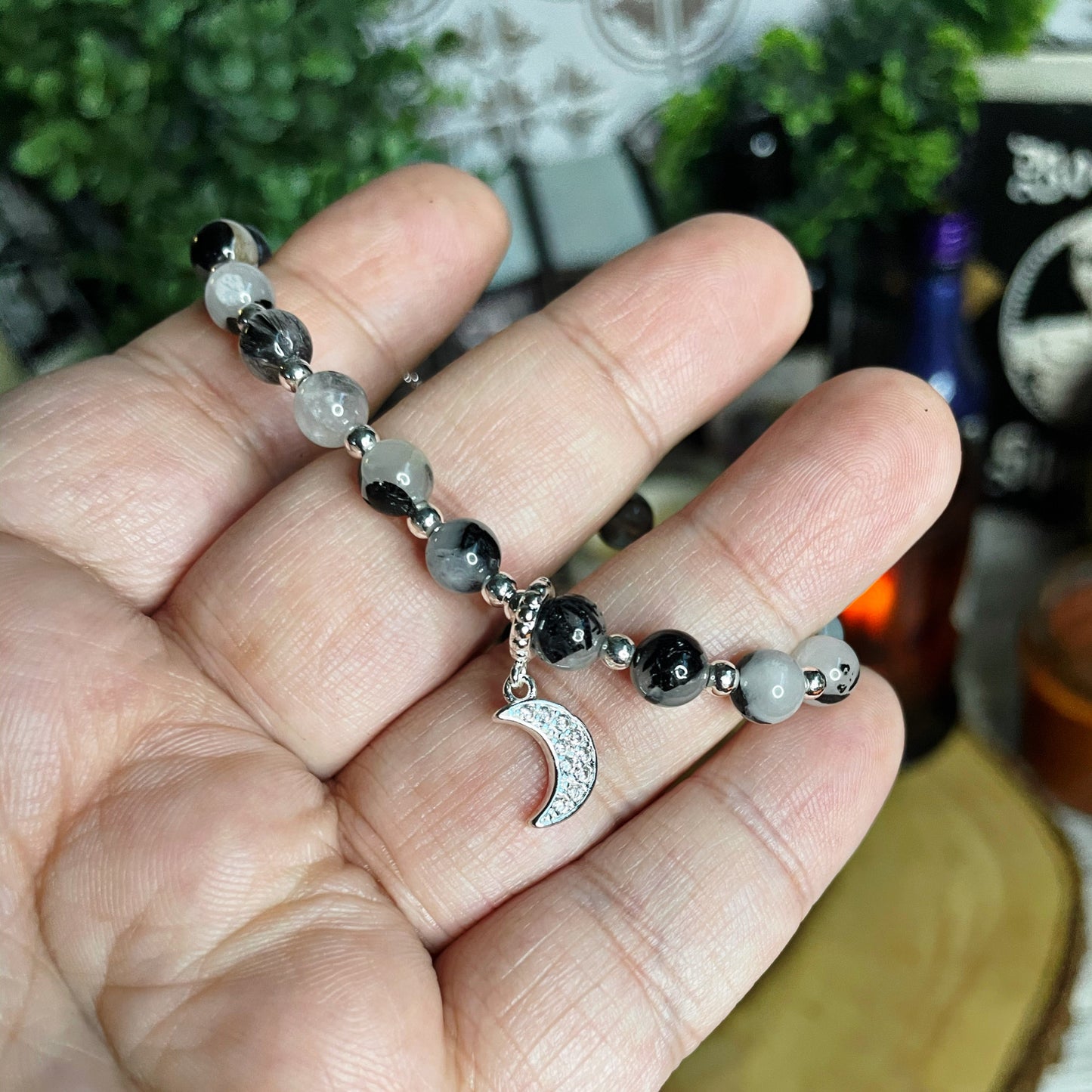 Adjustable Tourmalated Quartz Moon Charm Bracelet