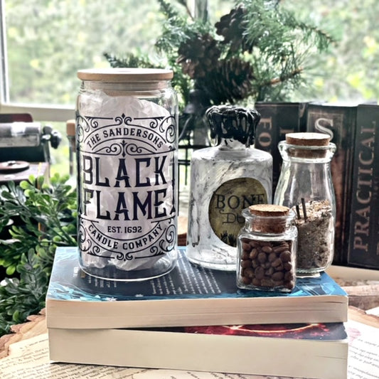 Black Flame Candle 16 oz Glass Cup | Bamboo Lid & Plastic Straw | Sublimation | Clear or Frosted