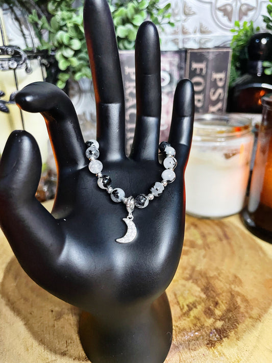Adjustable Tourmalated Quartz Moon Charm Bracelet