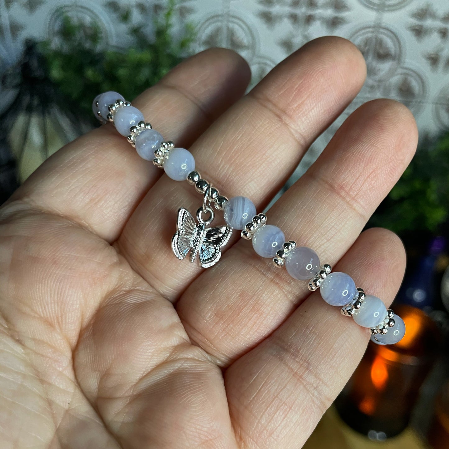 Blue Lace Butterfly Charm Adjustable Bracelet