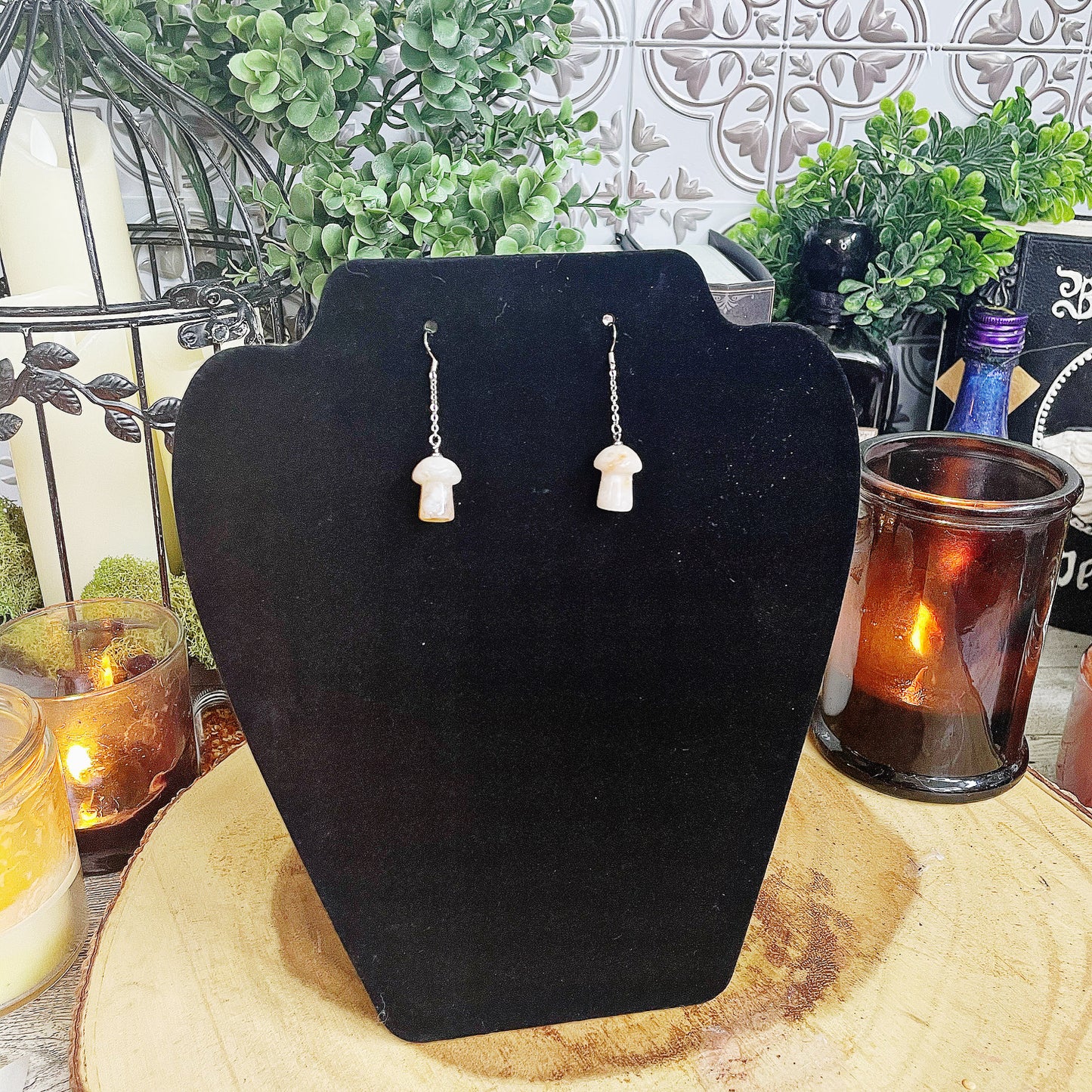 Flower Agate Mushroom Dangle Earrings