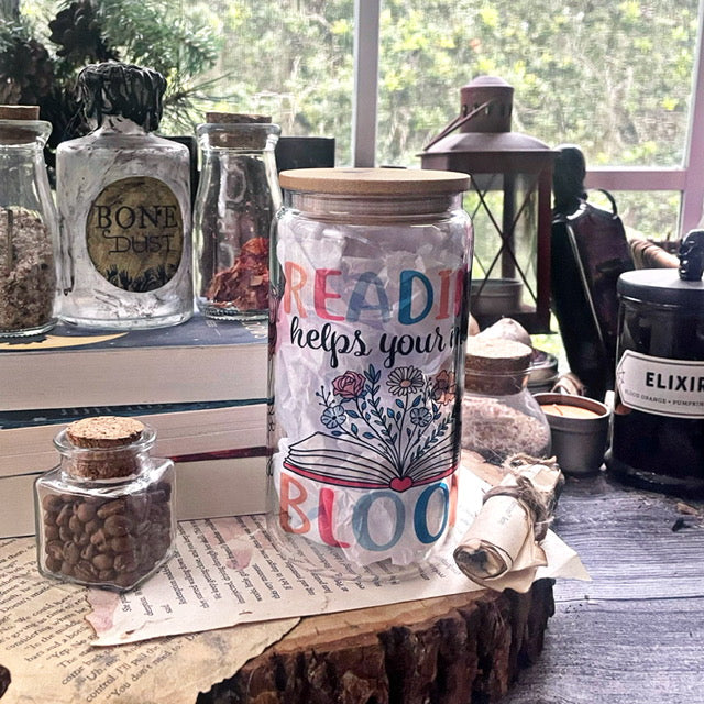 Reading Helps Your Mind Bloom 16 oz Glass Cup | Bamboo Lid & Plastic Straw | Sublimation | Clear or Frosted