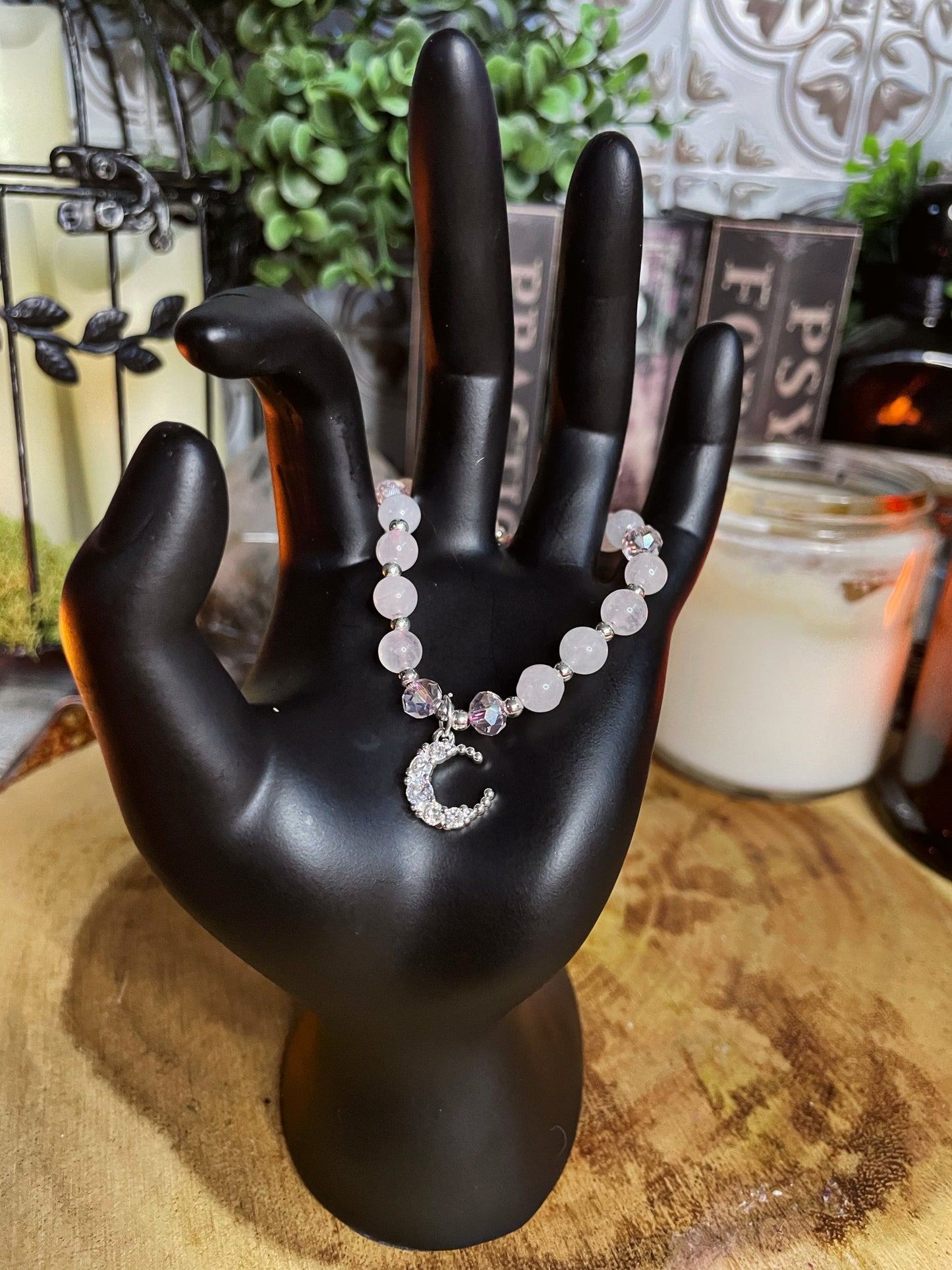 Adjustable Rose Quartz Moon Charm Bracelet