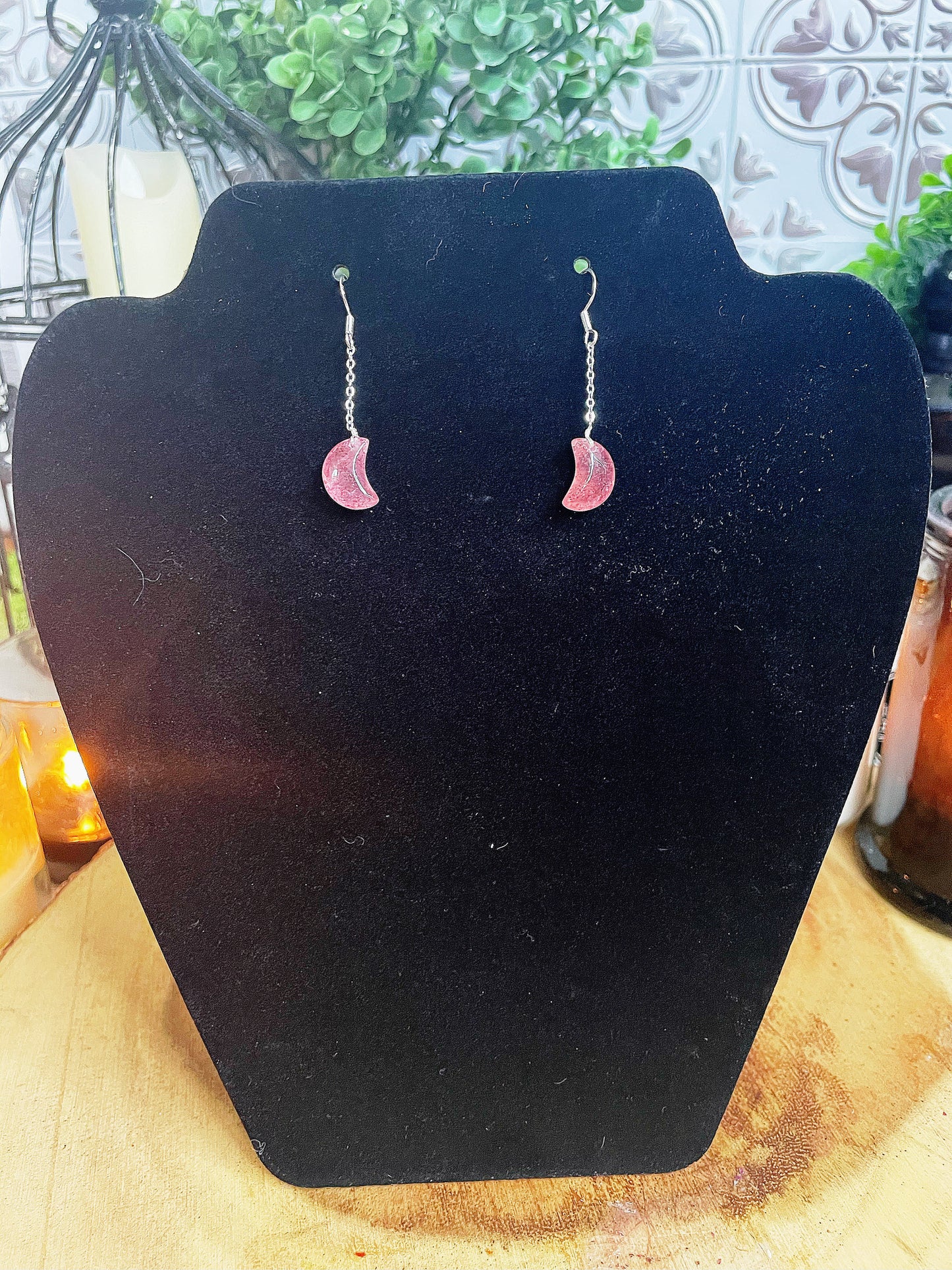 Strawberry Quartz Moon Dangle Earrings