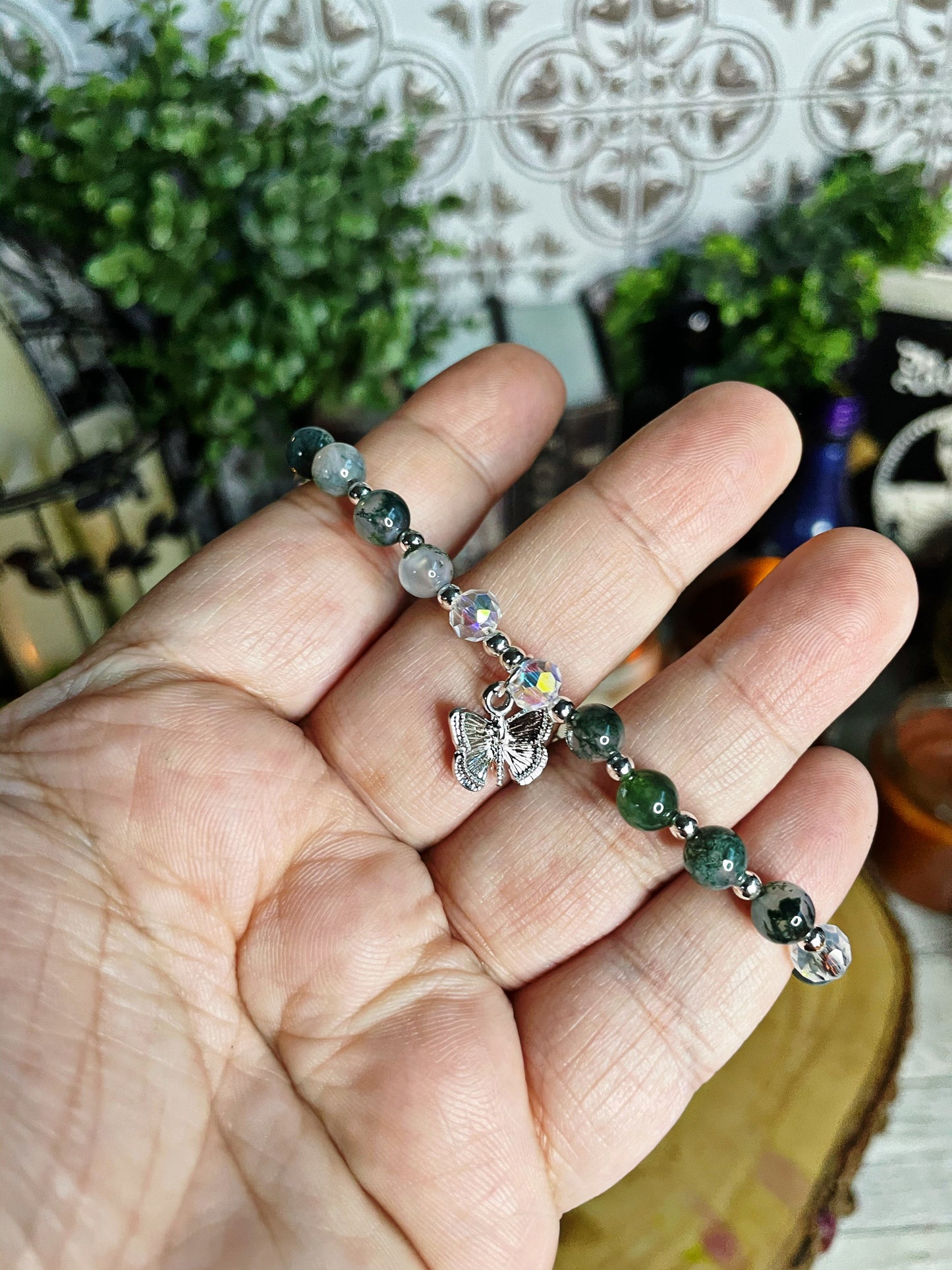Adjustable Moss Agate Butterfly charm Bracelet