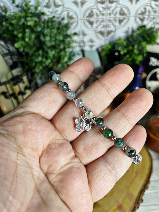 Adjustable Moss Agate Butterfly charm Bracelet