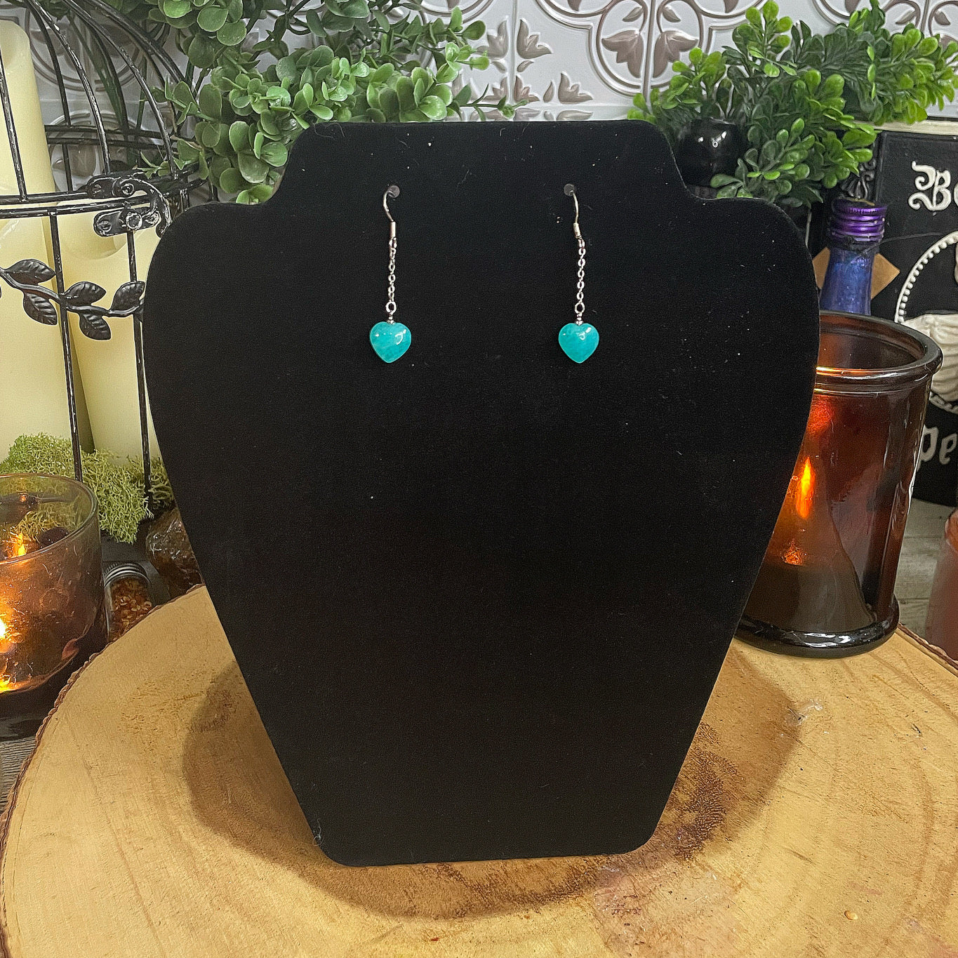 Stainless Steel Amazonite Heart Dangling earrings