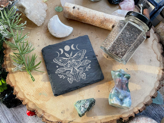 Engraved Lunar Moth Slate Coaster (Square)