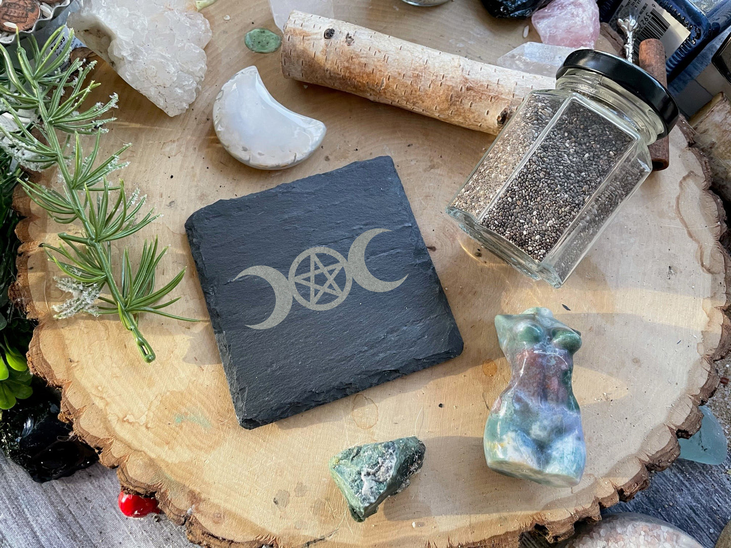 Engraved Triple Moon Slate Coaster (Square)