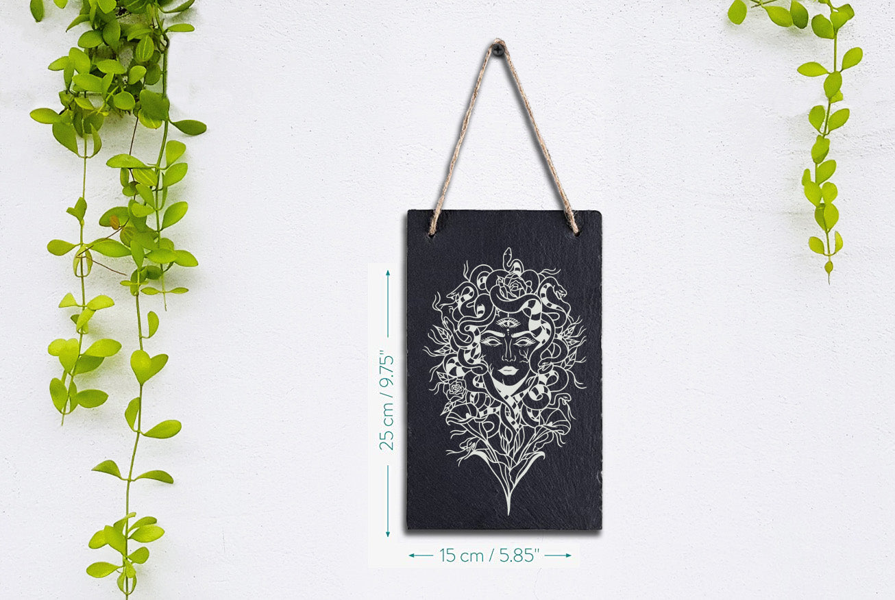 Engraved Medusa Portrait Hanging Stone Slate (Vertical)
